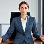 ** A professional businesswoman in a modest business suit, sitting at a desk in a modern office, fully clothed, appropriate attire, safe for work, perfect anatomy, natural proportions, professional photography, high quality. "Profesional", "modest", "family-friendly".

**