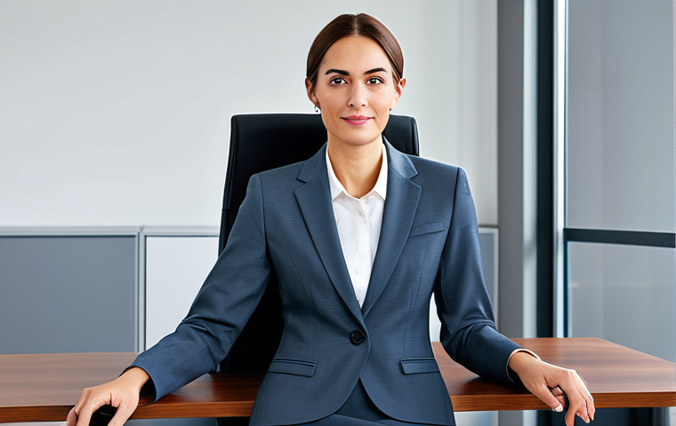 ** A professional businesswoman in a modest business suit, sitting at a desk in a modern office, fully clothed, appropriate attire, safe for work, perfect anatomy, natural proportions, professional photography, high quality. "Profesional", "modest", "family-friendly".

**