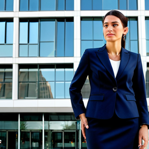 Home 29 **
"A professional businesswoman in a modest business suit, standing in front of a modern office building in Madrid, Spain. Fully clothed, appropriate attire, safe for work. Perfect anatomy, natural proportions, professional photography, high quality."
**