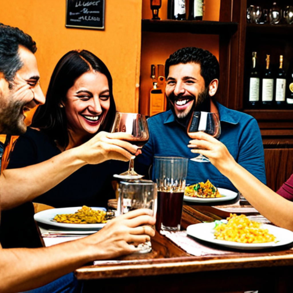 **

A group of fully clothed friends are joyfully gathered around a table at a cozy Spanish "taberna," laughing and raising glasses of "tinto de verano." The scene is warm and inviting, with traditional Spanish décor. Safe for work, appropriate content, fully clothed, family-friendly. Perfect anatomy, correct proportions, natural pose, professional photography, high quality.

**