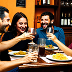 **

A group of fully clothed friends are joyfully gathered around a table at a cozy Spanish "taberna," laughing and raising glasses of "tinto de verano." The scene is warm and inviting, with traditional Spanish décor. Safe for work, appropriate content, fully clothed, family-friendly. Perfect anatomy, correct proportions, natural pose, professional photography, high quality.

**