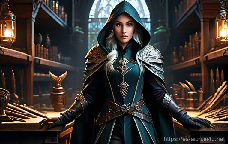 아이온 고급 인던 입장법 - **Prompt:** "A highly detailed, realistic rendering of a female elven rogue meticulously inspecting ...