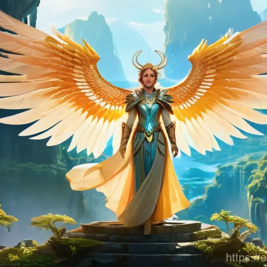 아이온 데일리 퀘스트 - **Prompt:** A female Daeva, embodying grace and strategic prowess, stands on a floating island high ...