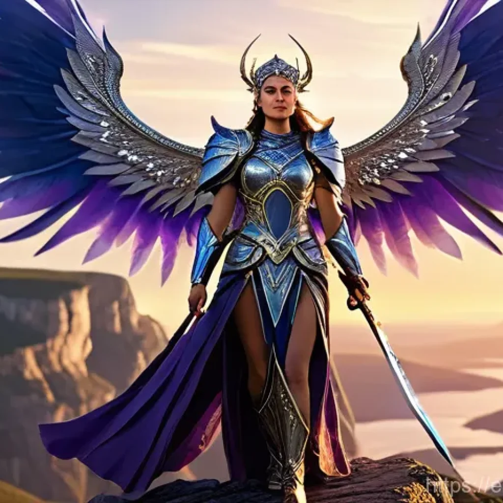 아이온 업적 시스템 - **Prompt:** A majestic Daeva, a female warrior, stands on a high, serene cliff overlooking a breatht...