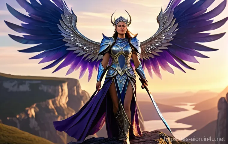 아이온 업적 시스템 - **Prompt:** A majestic Daeva, a female warrior, stands on a high, serene cliff overlooking a breatht...