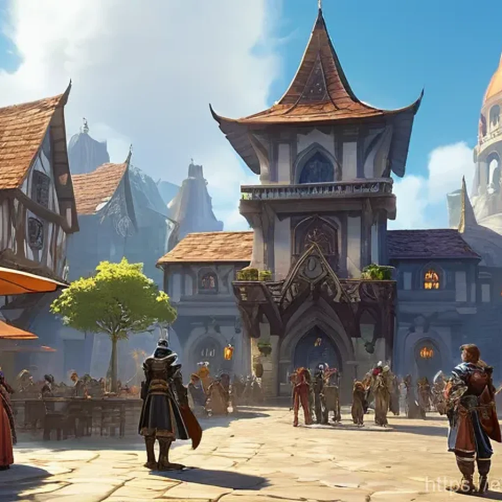 아이온 초보자 레벨업 길드 - **A Welcoming Guild for a New Daeva:**
    "A vibrant fantasy illustration depicting a bustling town...