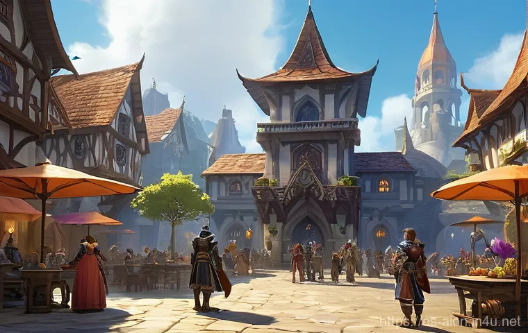 아이온 초보자 레벨업 길드 - **A Welcoming Guild for a New Daeva:**
    "A vibrant fantasy illustration depicting a bustling town...