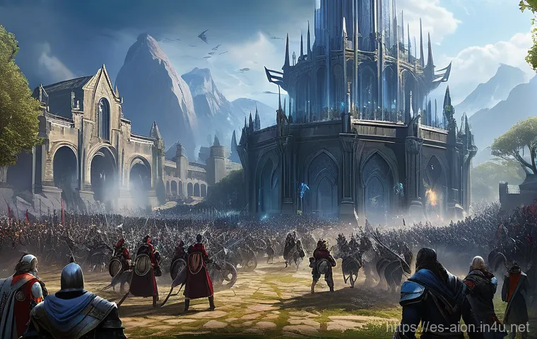 아이온 초보자 레벨업 길드 - **Collaborative Dungeon Run and Mentorship:**
    "A dynamic scene set inside a fantastical Aion dun...