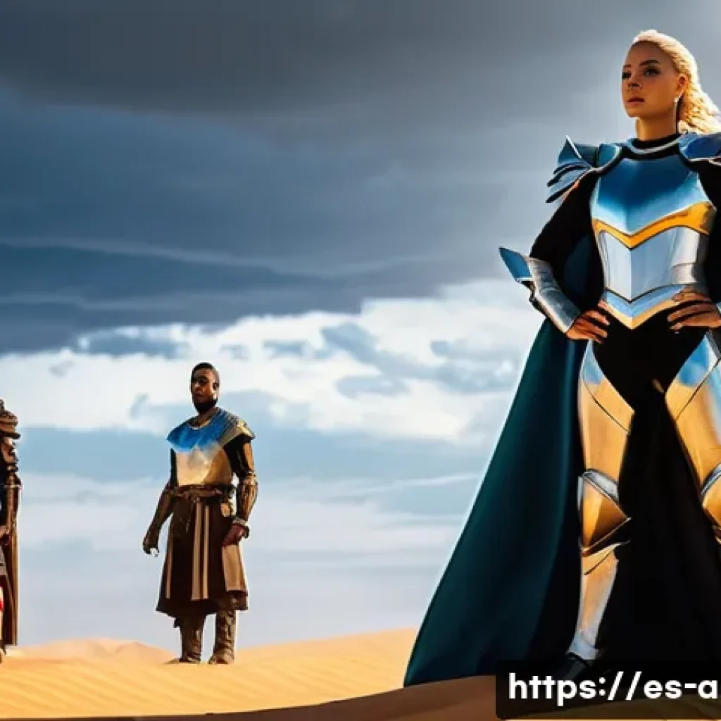 아이온 클래스간 밸런스 - **Prompt: The Shifting Sands of Power**
    A vibrant, medium shot of a diverse group of four fantas...