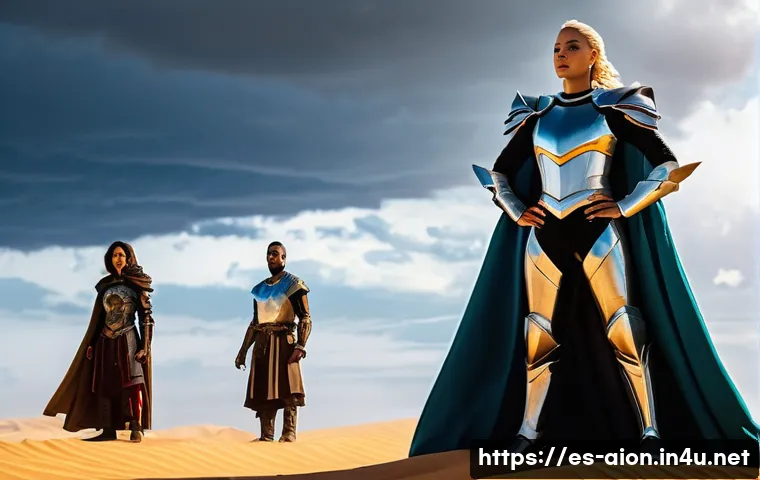 아이온 클래스간 밸런스 - **Prompt: The Shifting Sands of Power**
    A vibrant, medium shot of a diverse group of four fantas...