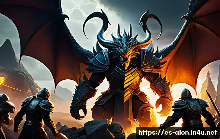 아이온 보스 리스폰 타이밍 - A dynamic scene depicting a large, imposing Balaur Commander boss emerging from the Dragon Lord Stro...