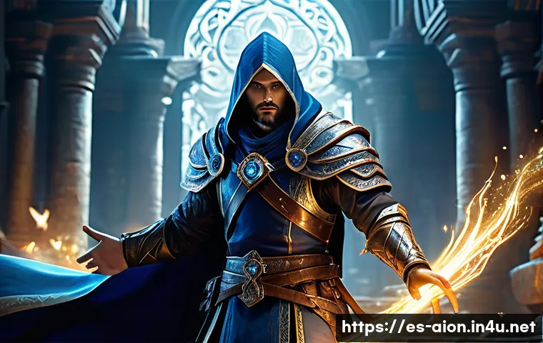 아이온 전투 팁 - A dynamic battle scene featuring a fantasy mage character clad in detailed magical robes and light a...