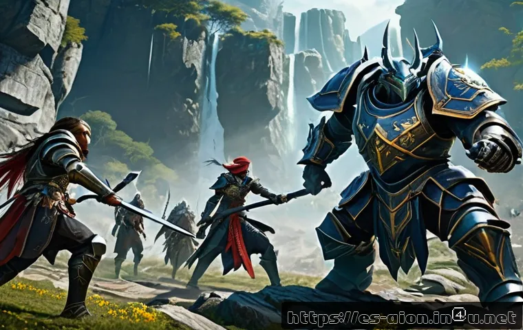 아이온 필드 보스 리스트 - A dynamic battle scene in a fantasy MMORPG setting, featuring a diverse group of players in detailed...