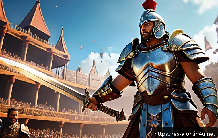 아이온 PvP 포인트 효율적 쌓기 - A dynamic PvP battle scene in a fantasy MMORPG setting, featuring a Gladiator wearing heavy armor wi...