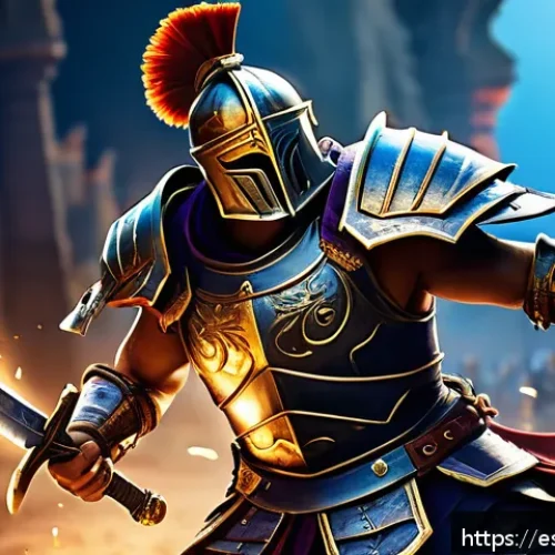 아이온 유저 가이드 제작 - A dynamic PvP battle scene in a fantasy MMORPG setting, featuring a Gladiator class character in det...