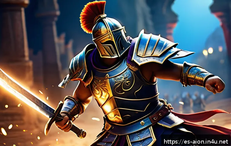 아이온 유저 가이드 제작 - A dynamic PvP battle scene in a fantasy MMORPG setting, featuring a Gladiator class character in det...