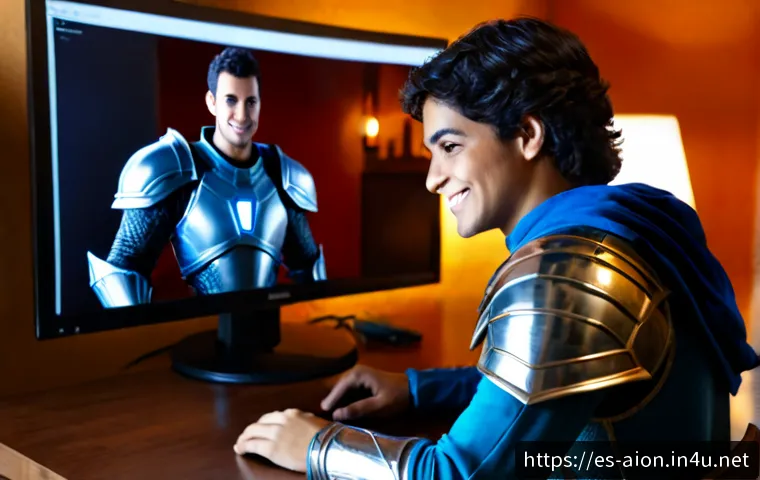 아이온 캐릭터 코스튬 획득 - Photorealistic Hispanic young adult gamer in a cozy Madrid apartment, smiling while opening a fantas...
