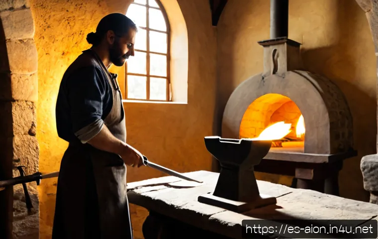 아이온 제작 기술 올리기 - Photorealistic fantasy artisan workshop inspired by a medieval Spanish guild, a focused adult crafts...