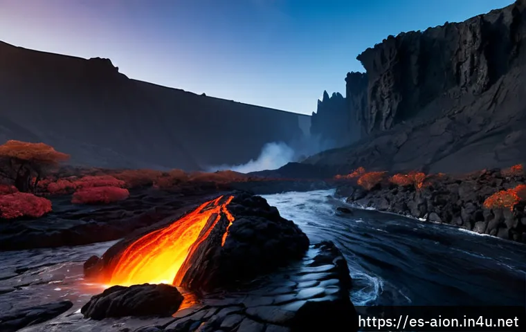 Home 30 아이온 지역별 몬스터 특징 - Photorealistic high-fantasy volcanic region at sunrise, a massive obsidian-scaled rock beast with gl...